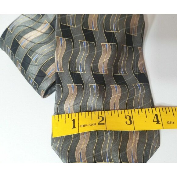 Puritan Mens Neck Tie Silk Abstract Geometric Flowing Design Green Gray - Picture 6 of 7